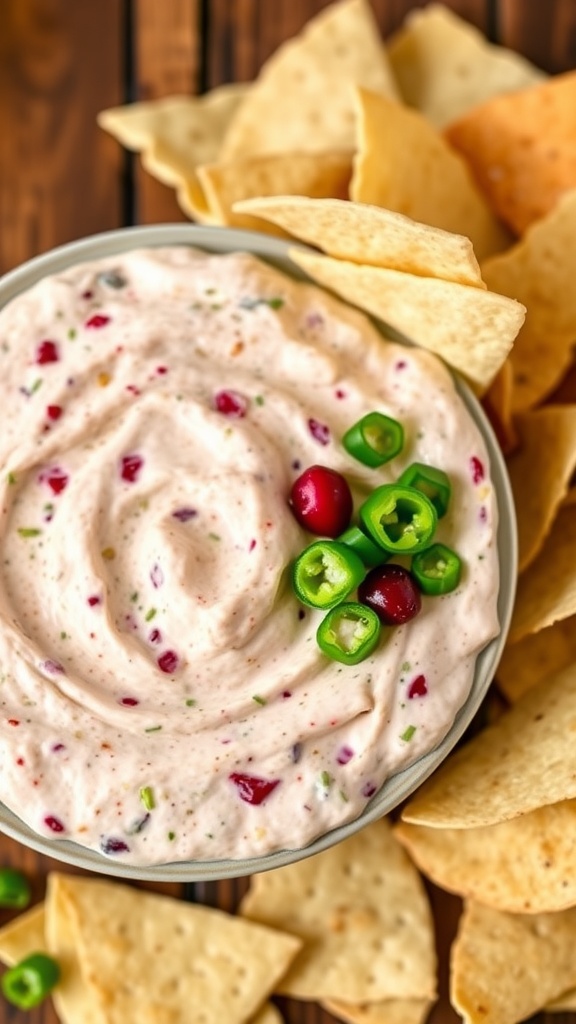 Spicy jalapeño and cranberry dip garnished with green onions, served with tortilla chips.
